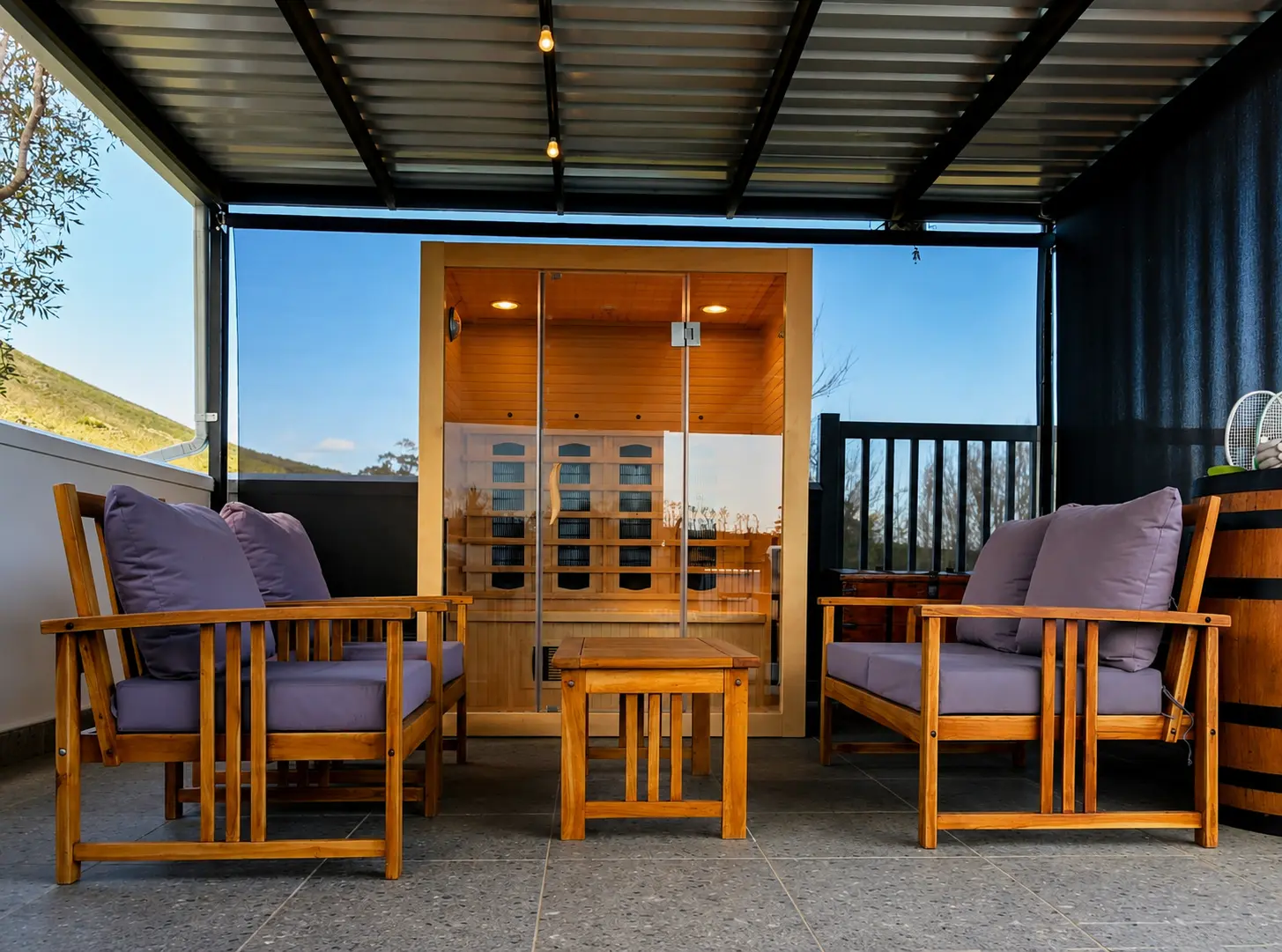 Shaded outdoor lounge and infrared sauna for Blue and Yellow Strings guests