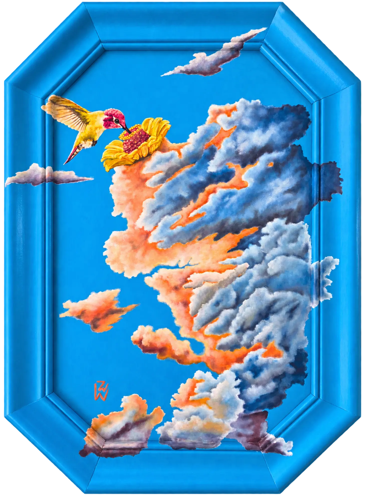 Clouds Create 1 painting with a hummingbird among blue-grey and orange clouds in a cyan frame