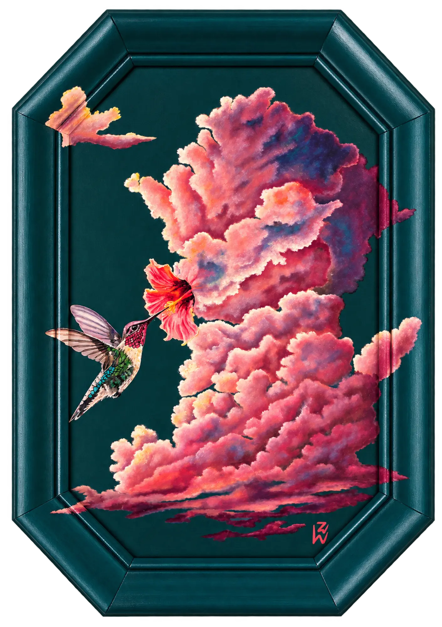 Clouds Create 2 painting with a hummingbird and pink clouds in a deep green frame