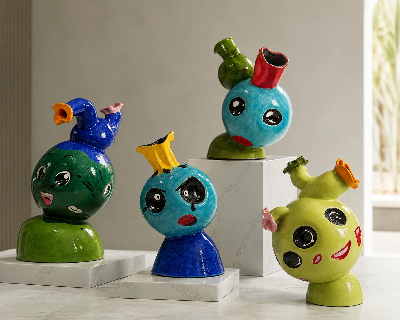 Four Feelings ceramic sculptures by Elzeth Jacobs displayed together