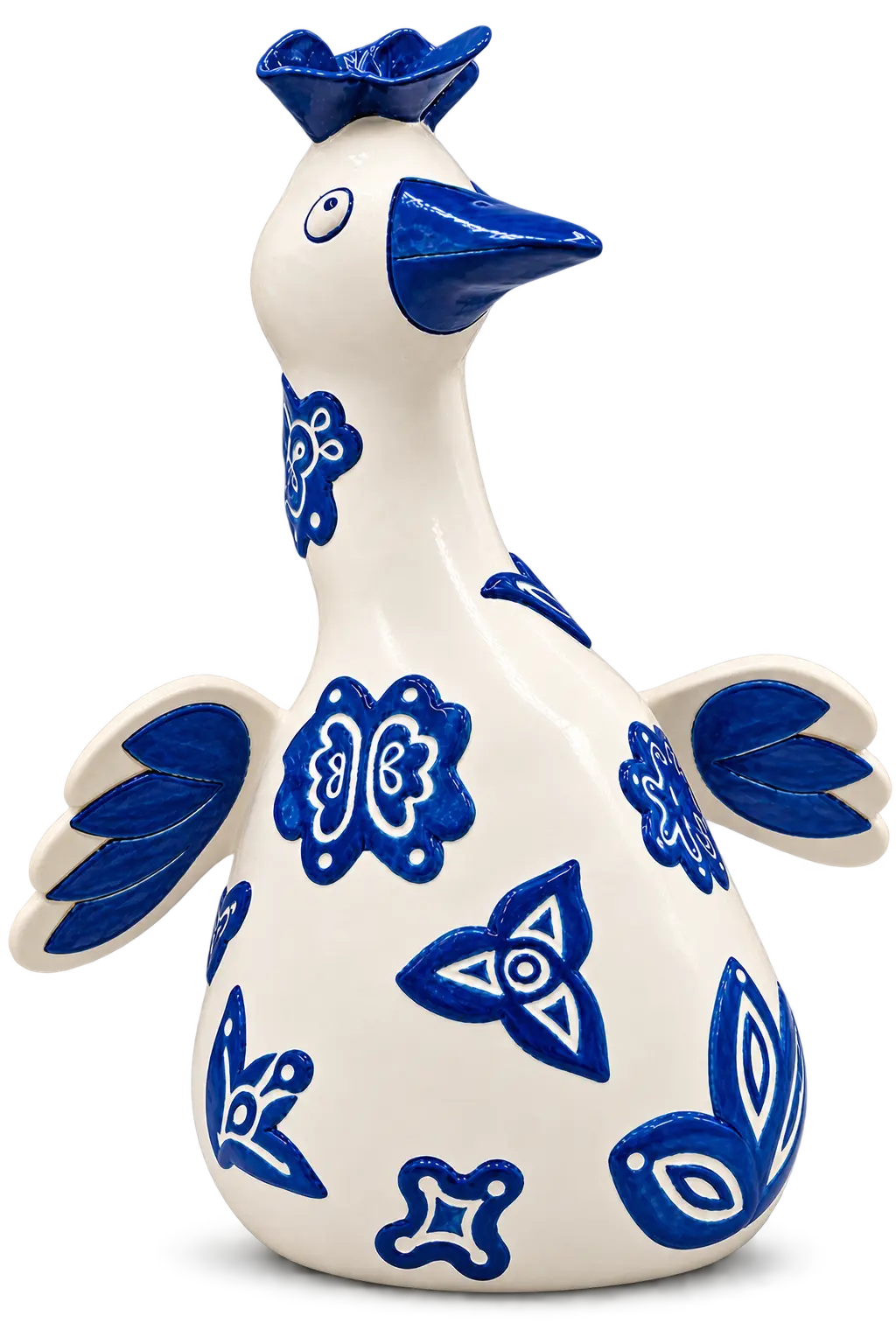Close-up of Elzeth Jacobs' blue-and-white ceramic bird sculpture at Klawerjas